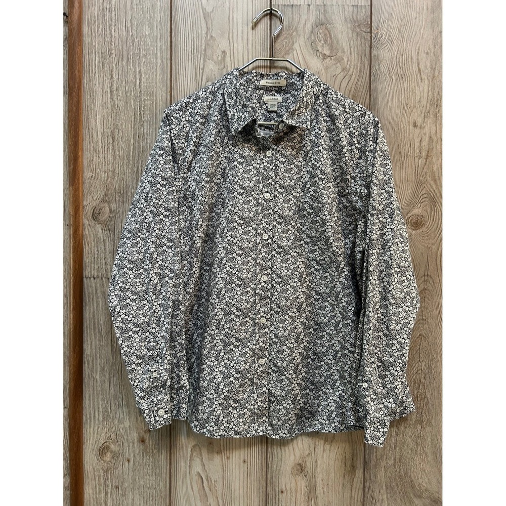 LL Bean Wrinkle Free Shirt Womens 1X Plus Black White Floral Cotton Button Up